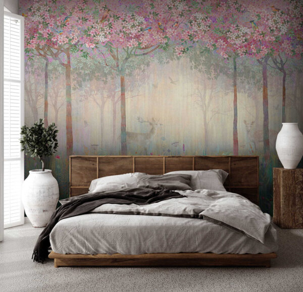 Schilderij van een bos met bomen en bloemen Schilderij van een bos met bomen en bloemen