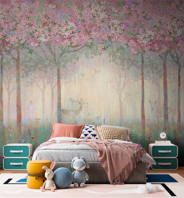 Schilderij van een bos met bomen en bloemen Schilderij van een bos met bomen en bloemen