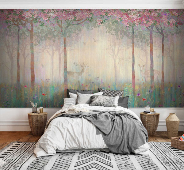 Schilderij van een bos met bomen en bloemen Schilderij van een bos met bomen en bloemen