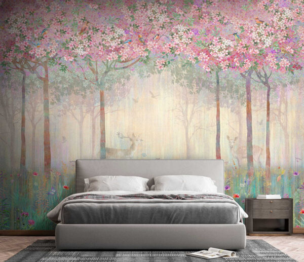 Schilderij van een bos met bomen en bloemen Schilderij van een bos met bomen en bloemen