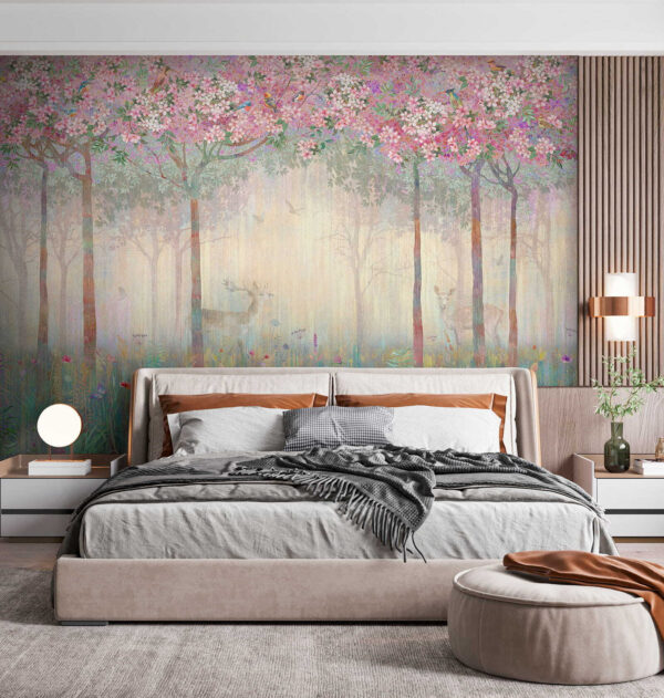 Schilderij van een bos met bomen en bloemen Schilderij van een bos met bomen en bloemen
