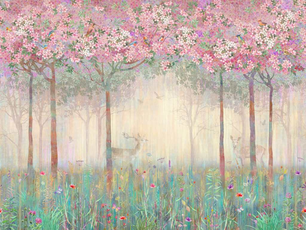 Schilderij van een bos met bomen en bloemen Schilderij van een bos met bomen en bloemen