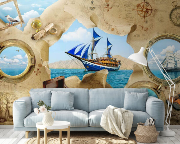 Piratenschatkaart met een schip in het water Piratenschatkaart met een schip in het water