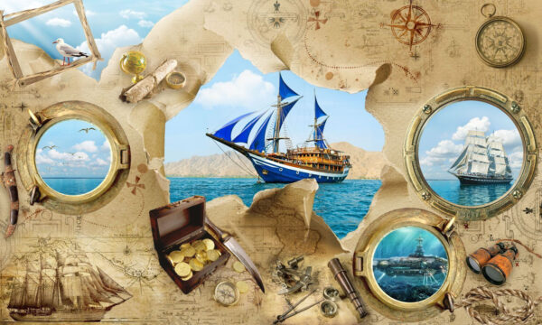 Piratenschatkaart met een schip in het water Piratenschatkaart met een schip in het water