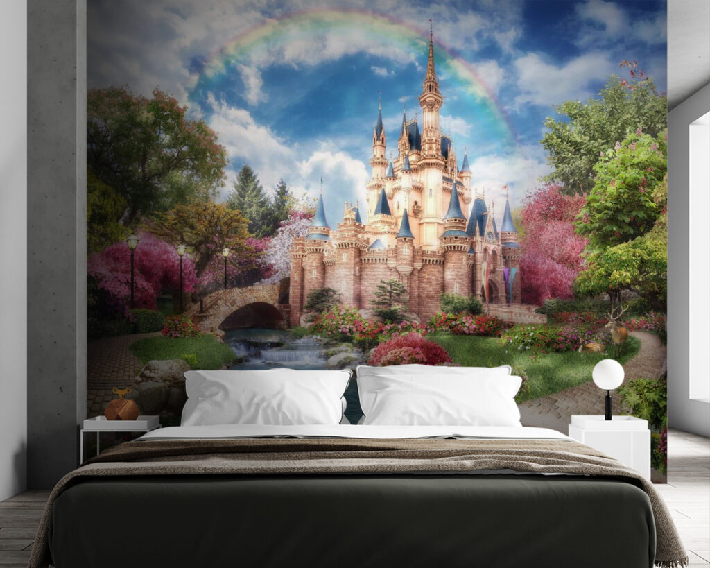 Castle with a pond and a rainbow