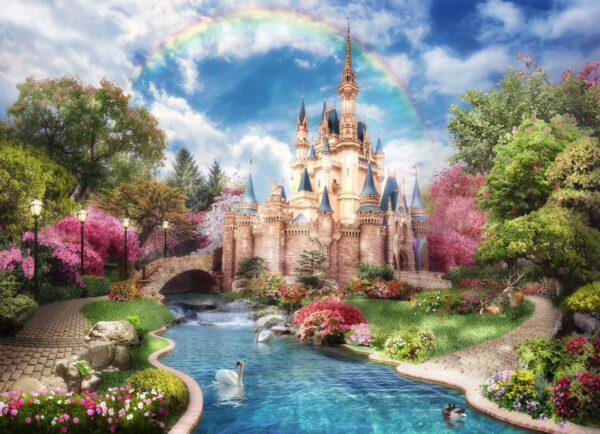 Kasteel met vijver en regenboog Kasteel met vijver en regenboog
