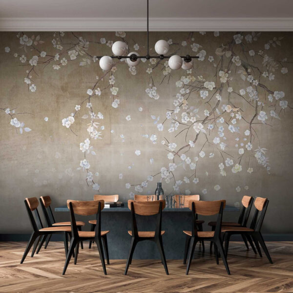 Boomtak met witte en blauwe bloemen Boomtak met witte en blauwe bloemen