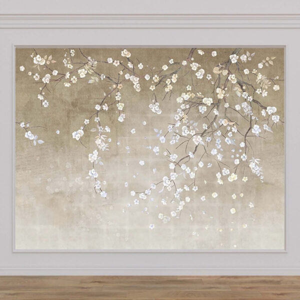 Boomtak met witte en blauwe bloemen Boomtak met witte en blauwe bloemen