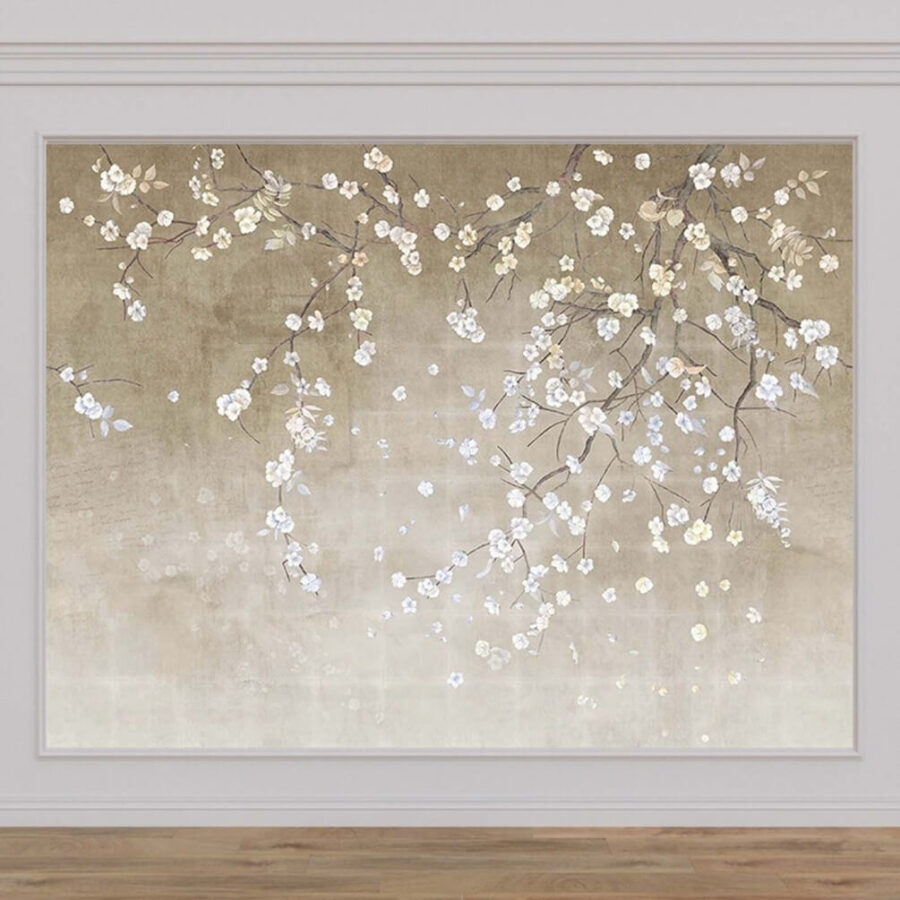 Boomtak met witte en blauwe bloemen Boomtak met witte en blauwe bloemen