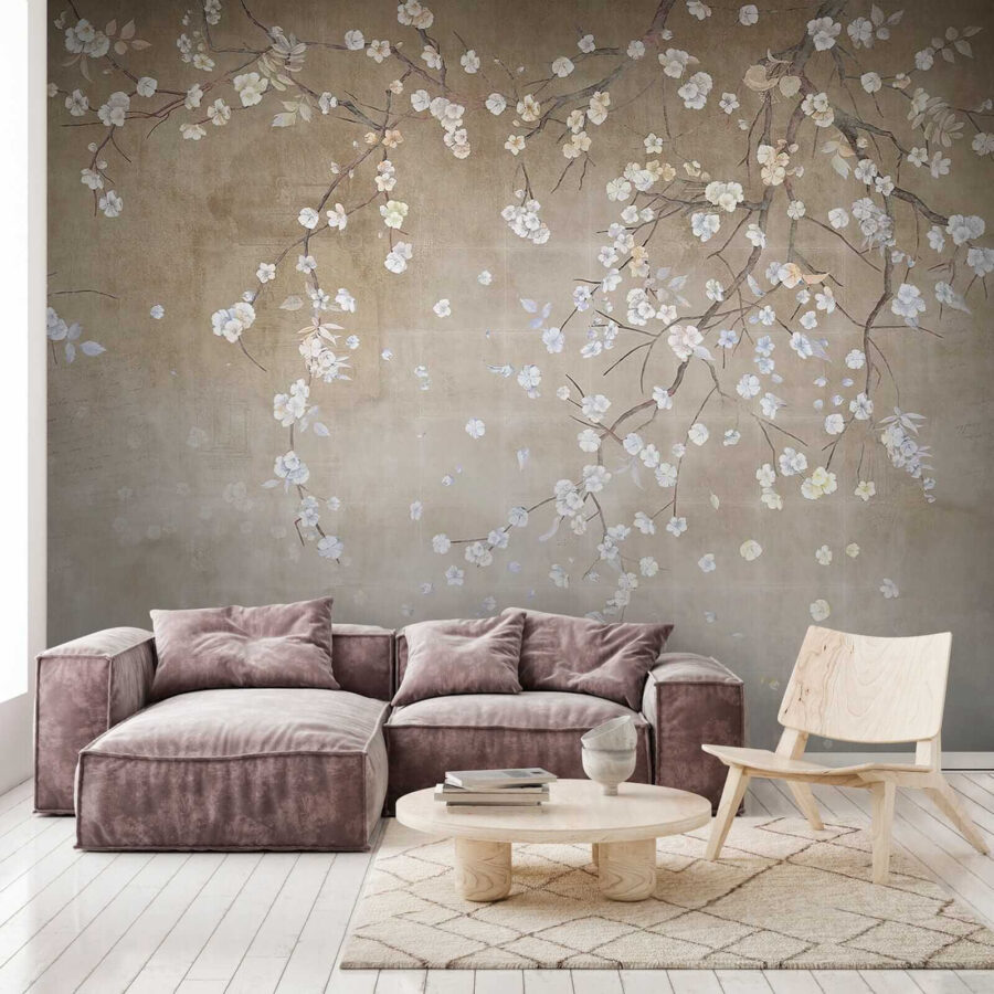 Boomtak met witte en blauwe bloemen Boomtak met witte en blauwe bloemen