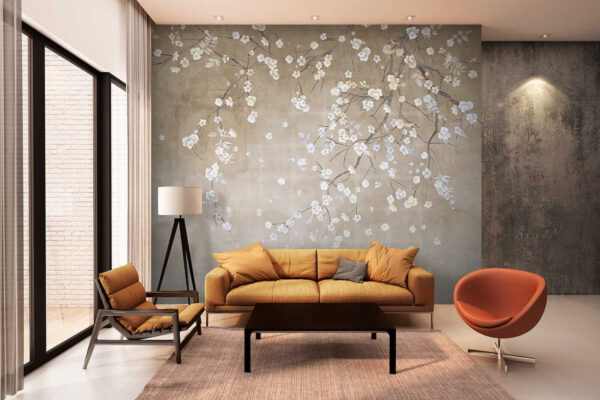 Boomtak met witte en blauwe bloemen Boomtak met witte en blauwe bloemen