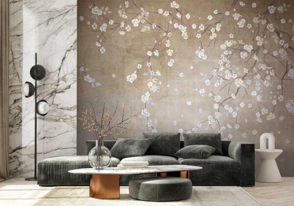 Boomtak met witte en blauwe bloemen Boomtak met witte en blauwe bloemen