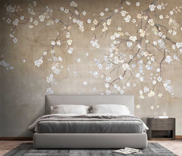 Boomtak met witte en blauwe bloemen Boomtak met witte en blauwe bloemen