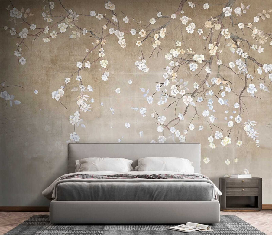 Boomtak met witte en blauwe bloemen Boomtak met witte en blauwe bloemen