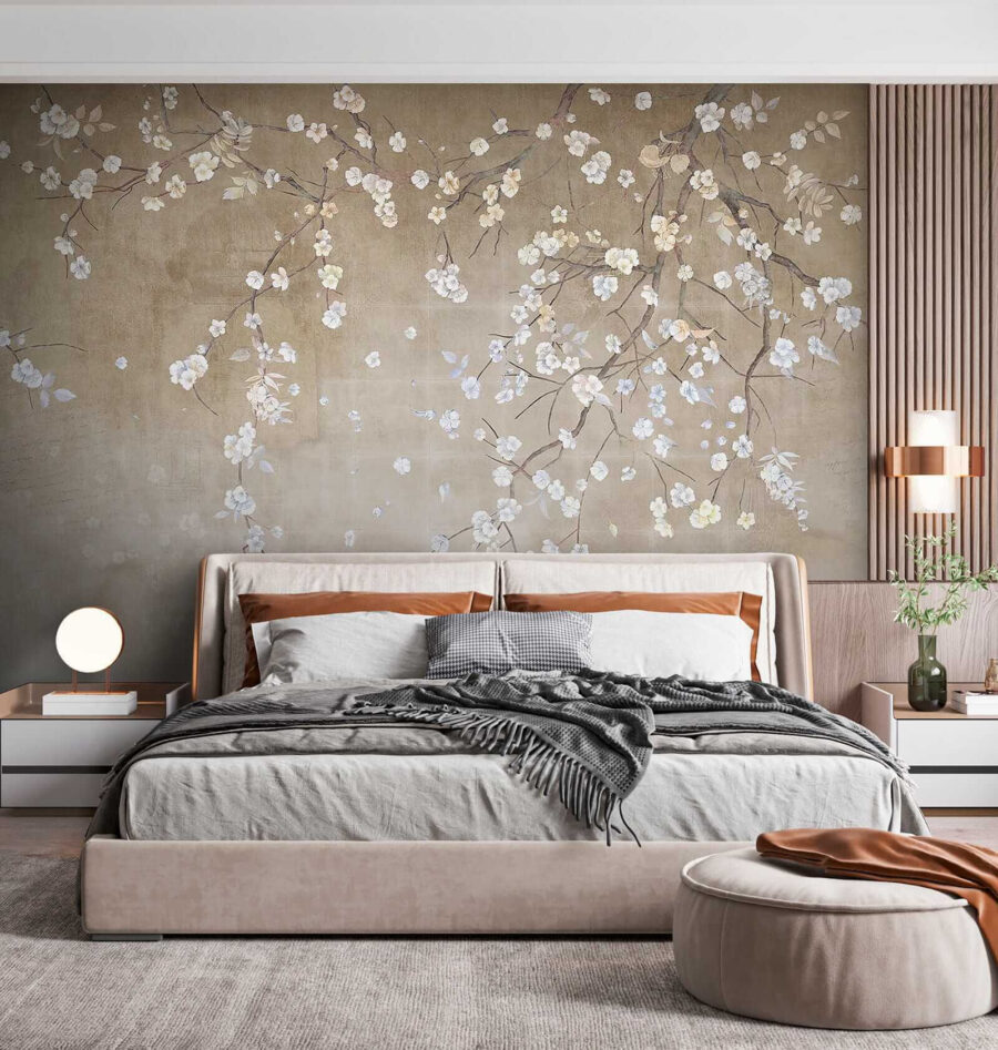 Boomtak met witte en blauwe bloemen Boomtak met witte en blauwe bloemen