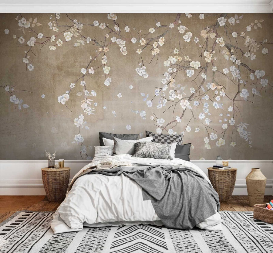 Boomtak met witte en blauwe bloemen Boomtak met witte en blauwe bloemen