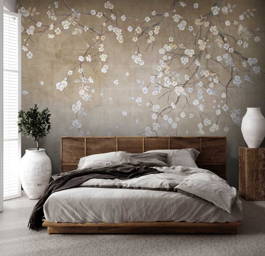 Boomtak met witte en blauwe bloemen Boomtak met witte en blauwe bloemen