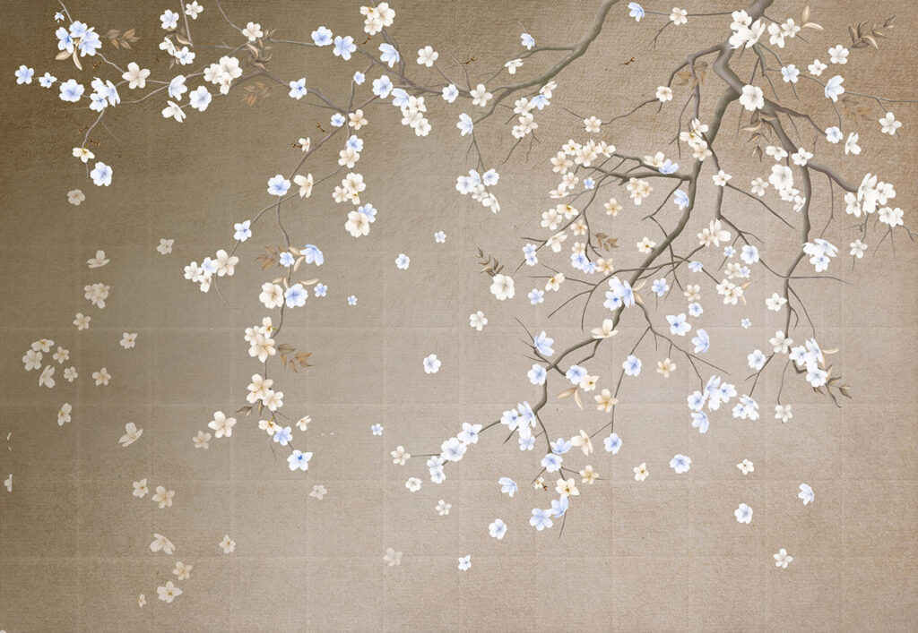 Boomtak met witte en blauwe bloemen Boomtak met witte en blauwe bloemen