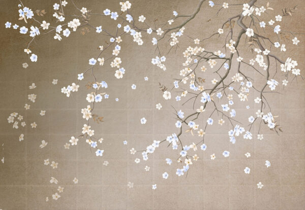 Boomtak met witte en blauwe bloemen Boomtak met witte en blauwe bloemen
