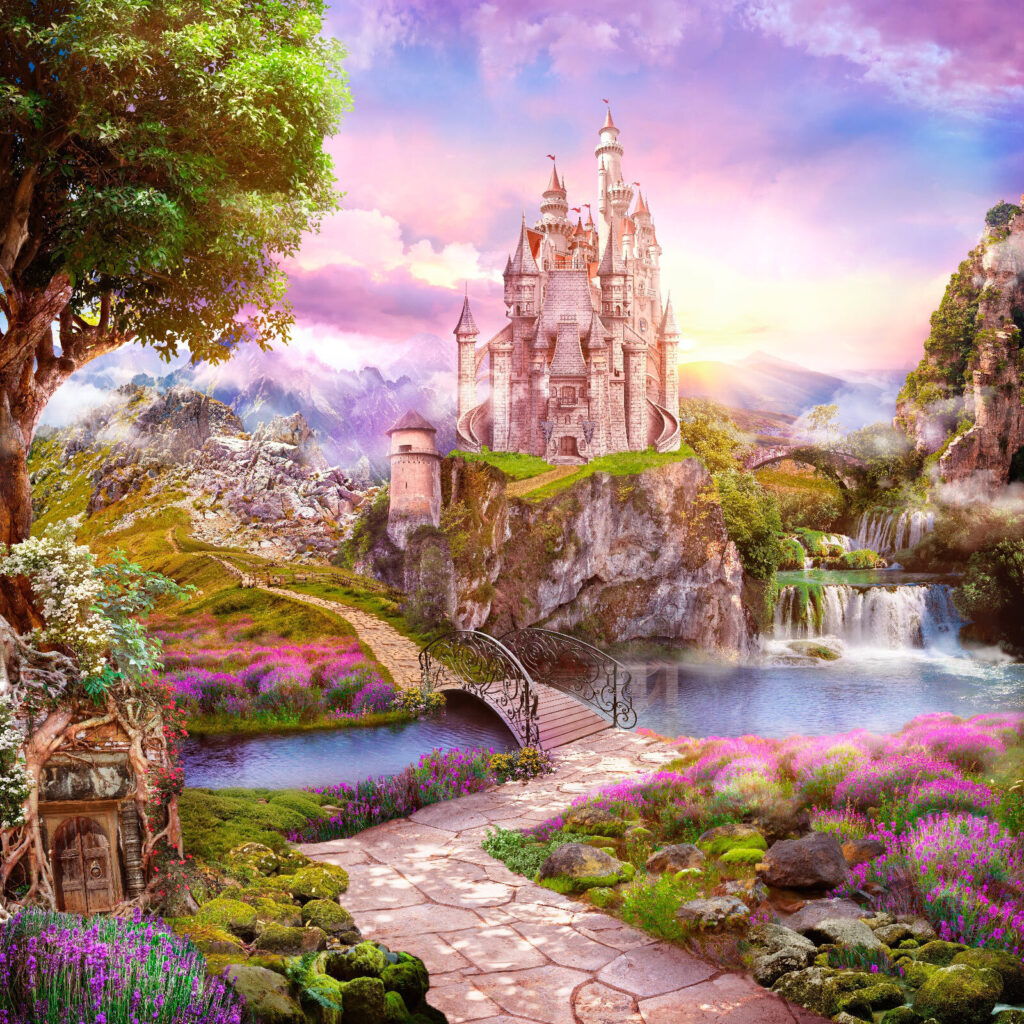 Castle on a cliff with a waterfall and a bridge