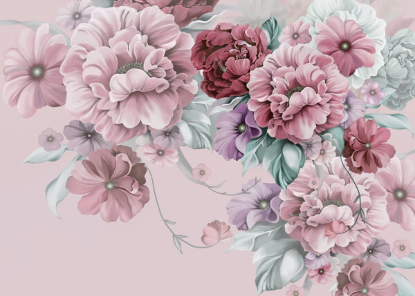 Een groep bloemen op een roze achtergrond Een groep bloemen op een roze achtergrond