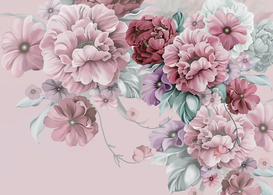 Een groep bloemen op een roze achtergrond
