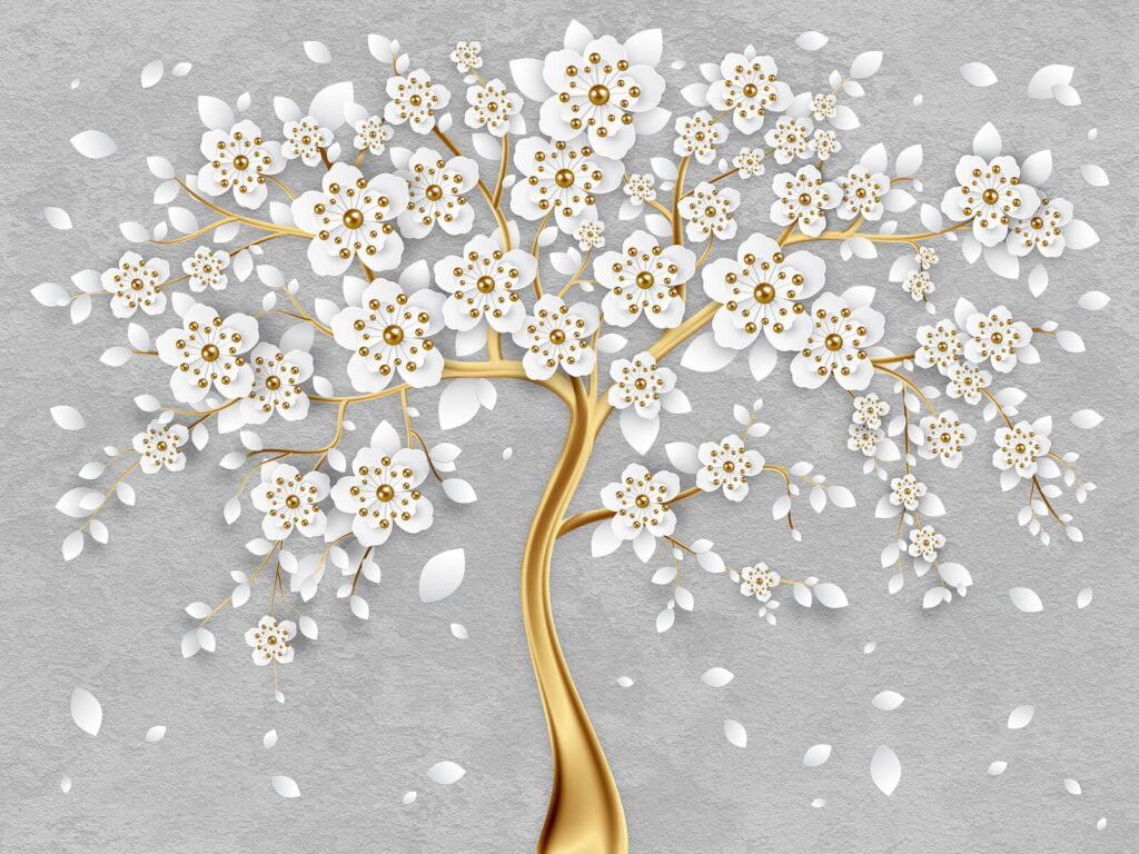 Boom met witte bloemen en bladeren Boom met witte bloemen en bladeren