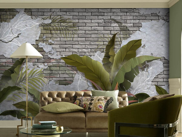 Bakstenen muur met bladeren en een bakstenen muur Bakstenen muur met bladeren en een bakstenen muur