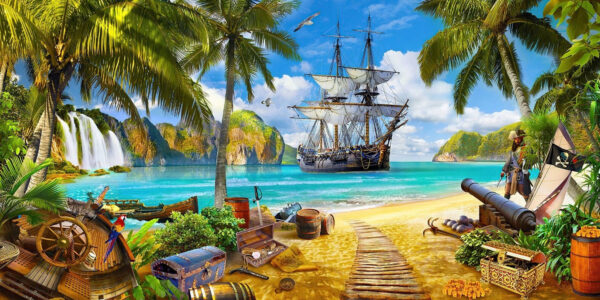 Piratenschip op een strand Piratenschip op een strand