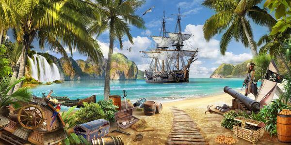 Piratenschip op een strand Piratenschip op een strand