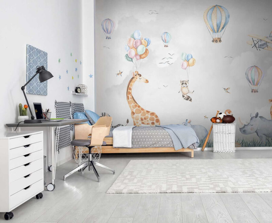 Muurschildering van dieren en ballonnen