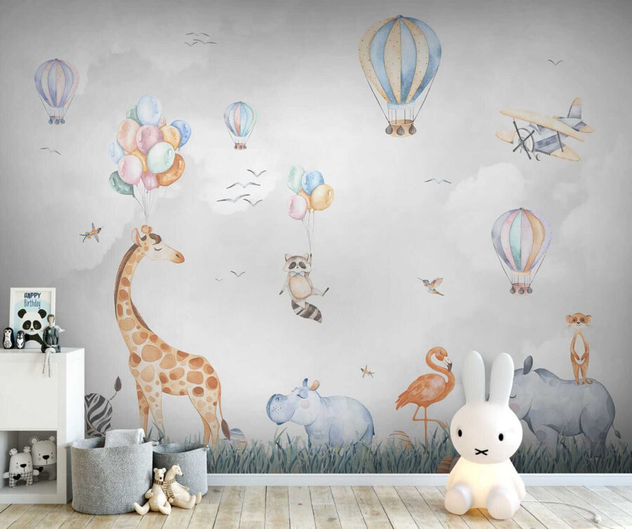Muurschildering van dieren en ballonnen
