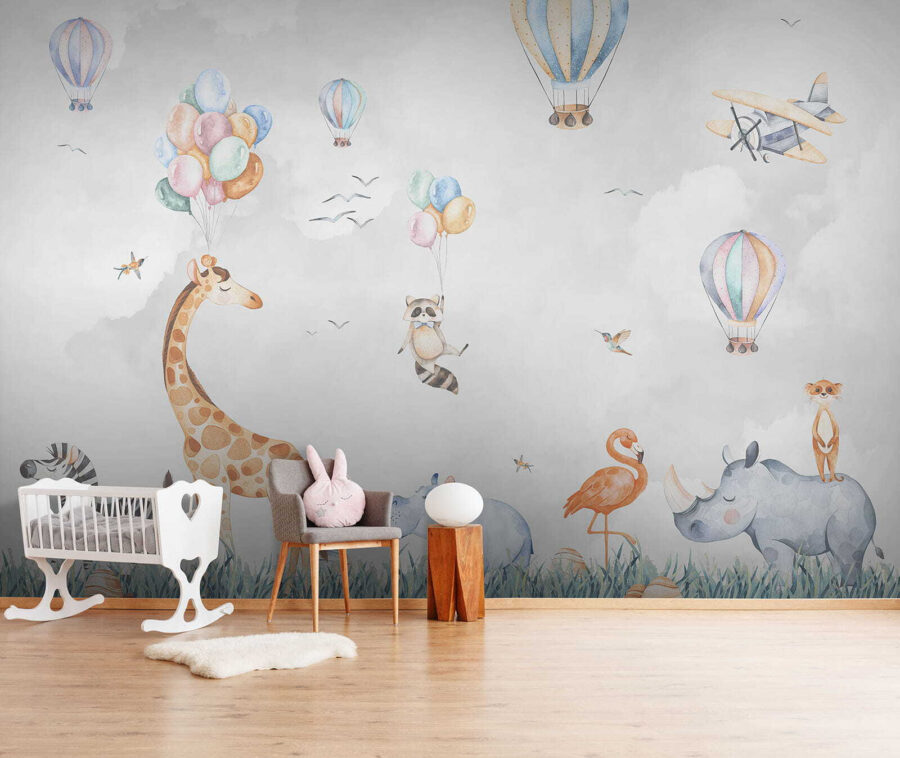 Muurschildering van dieren en ballonnen