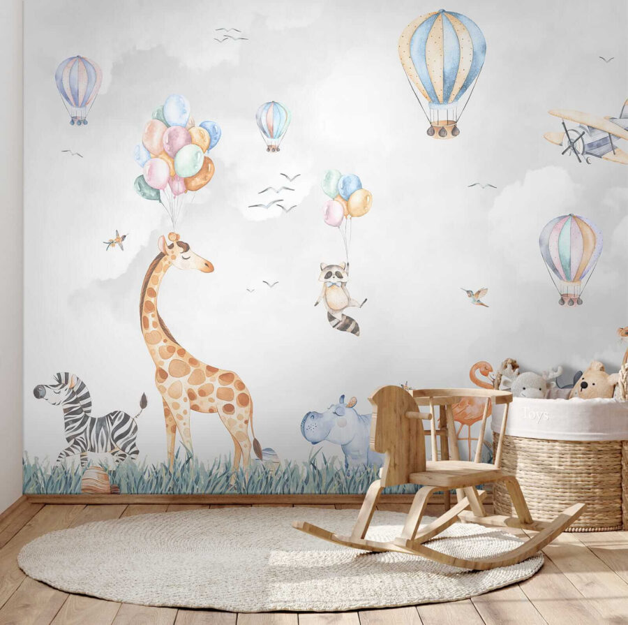 Muurschildering van dieren en ballonnen