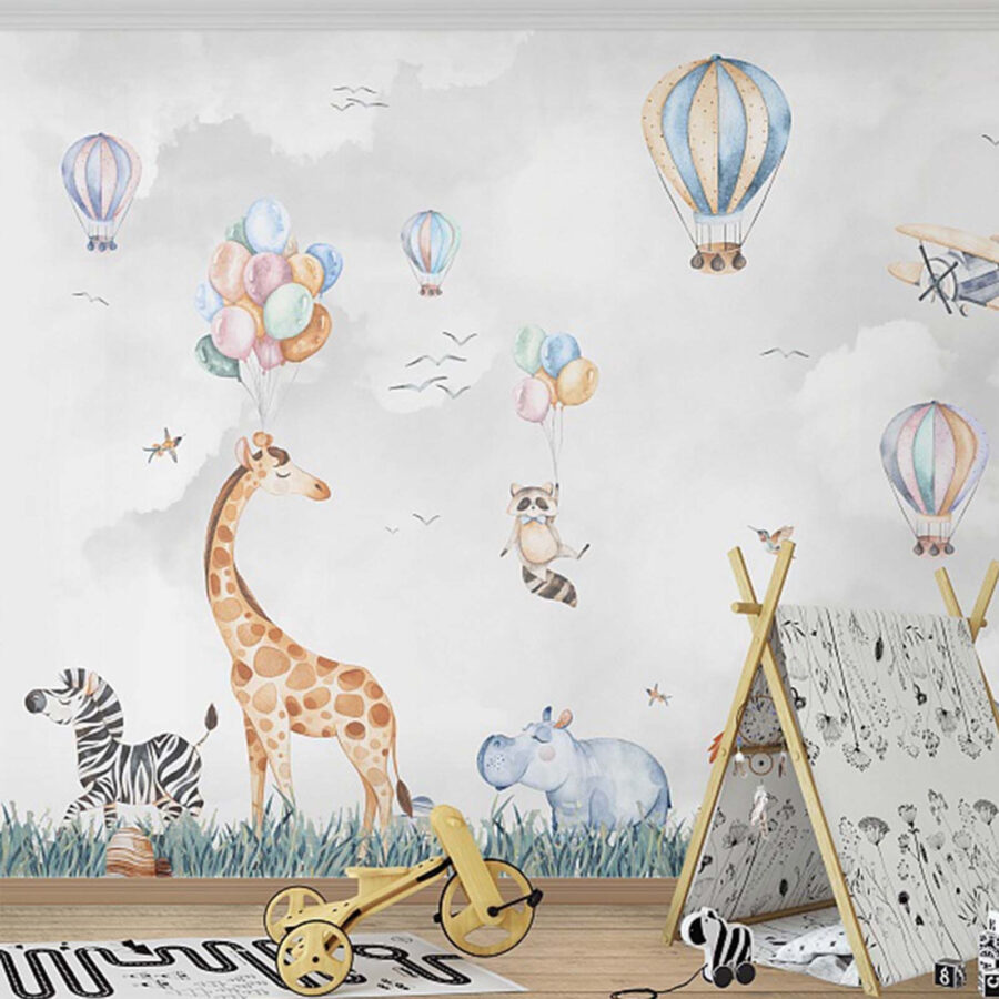 Muurschildering van dieren en ballonnen