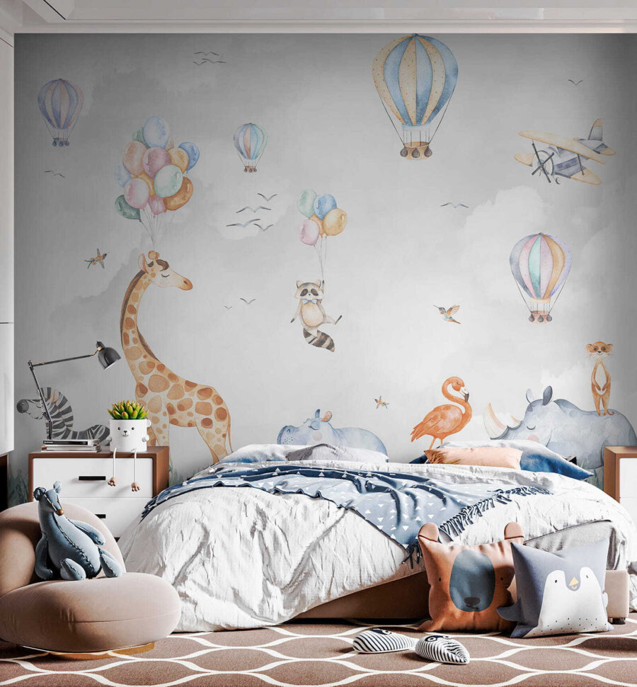 Muurschildering van dieren en ballonnen