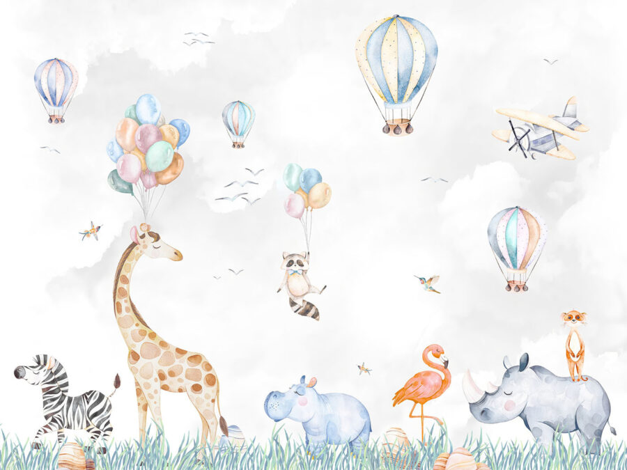 Muurschildering van dieren en ballonnen