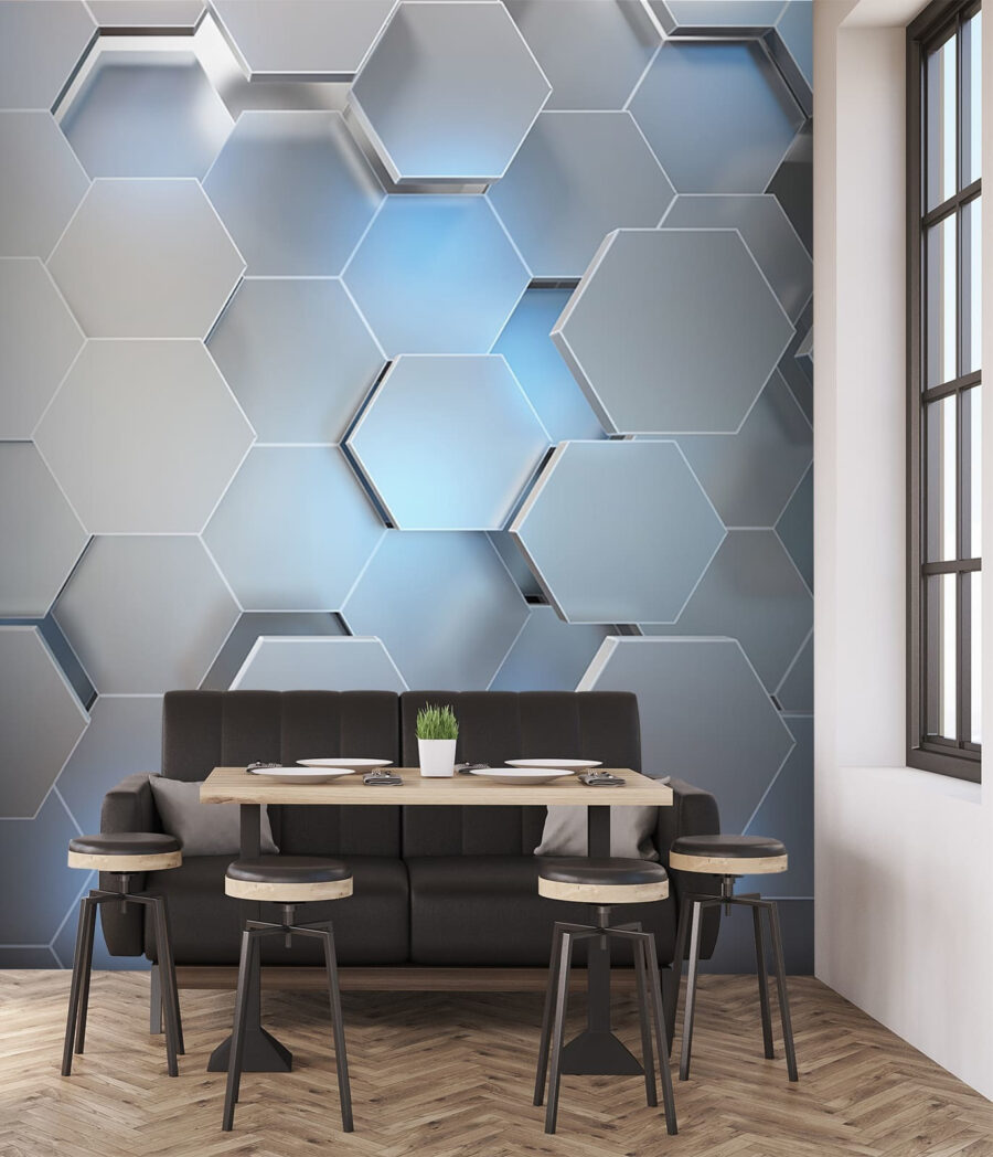 White hexagons with blue lights White hexagons with blue lights