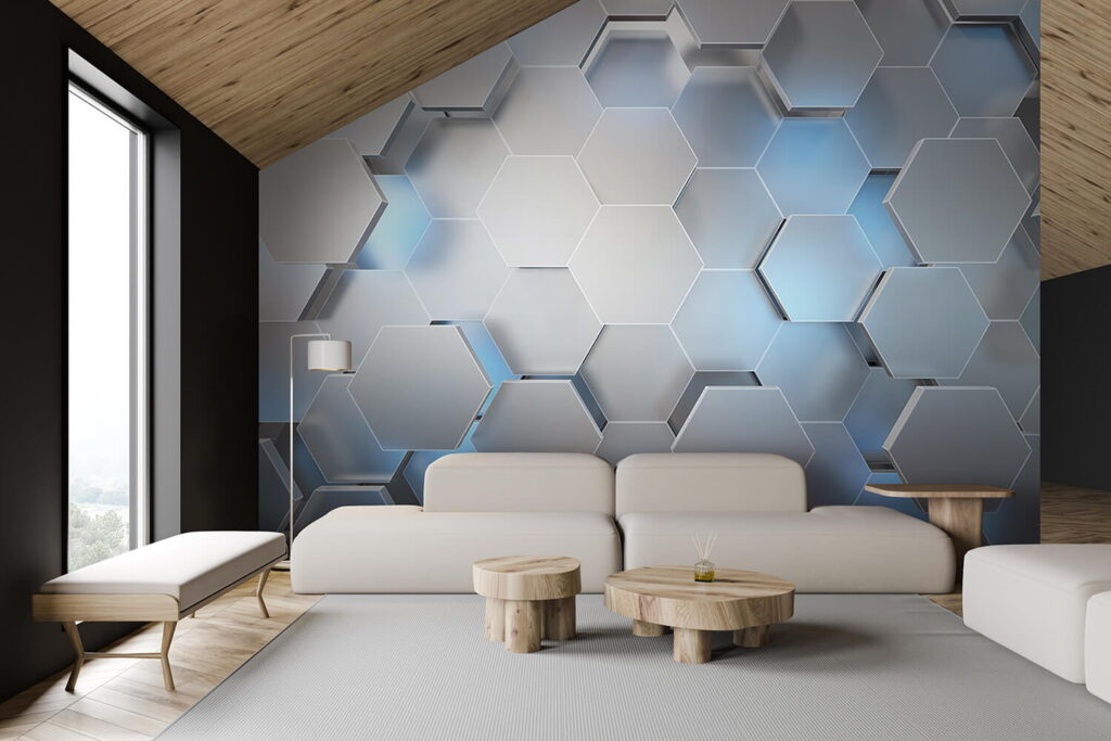 White hexagons with blue lights