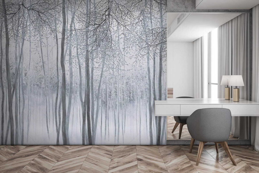 Fotobehang Besneeuwd bos met bomen