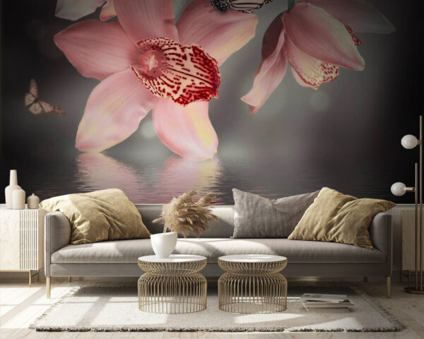 Roze orchideeën en vlinders op een tak Roze orchideeën en vlinders op een tak