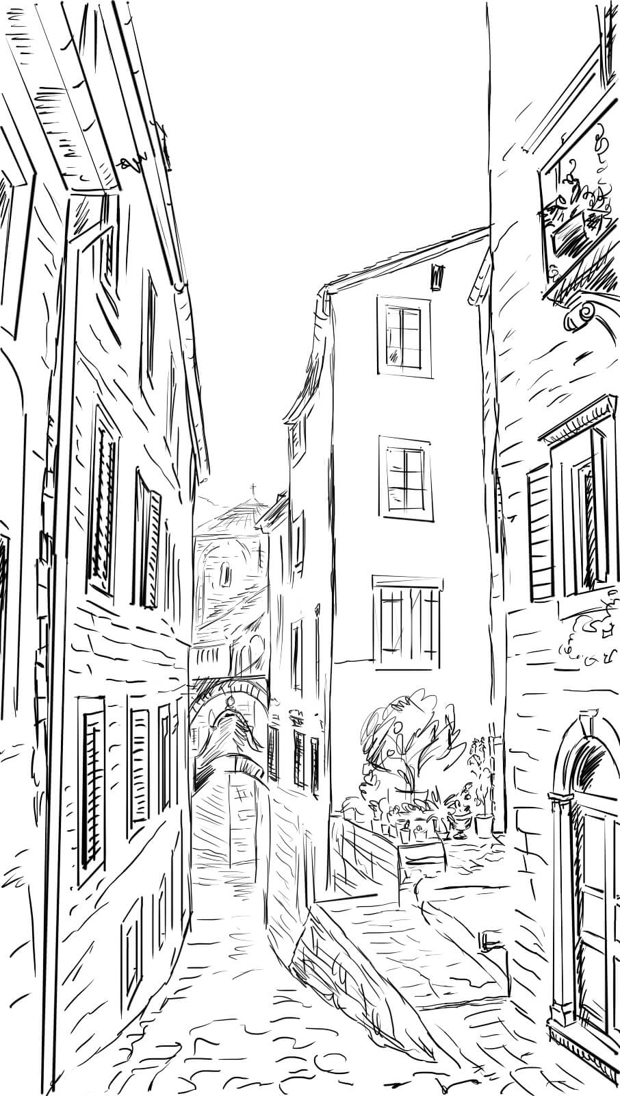 Tekening van een straat met gebouwen u57680p - Tekening van een straat met gebouwen - tegory