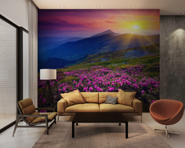Bloemenveld met daarachter de ondergaande zon Bloemenveld met daarachter de ondergaande zon
