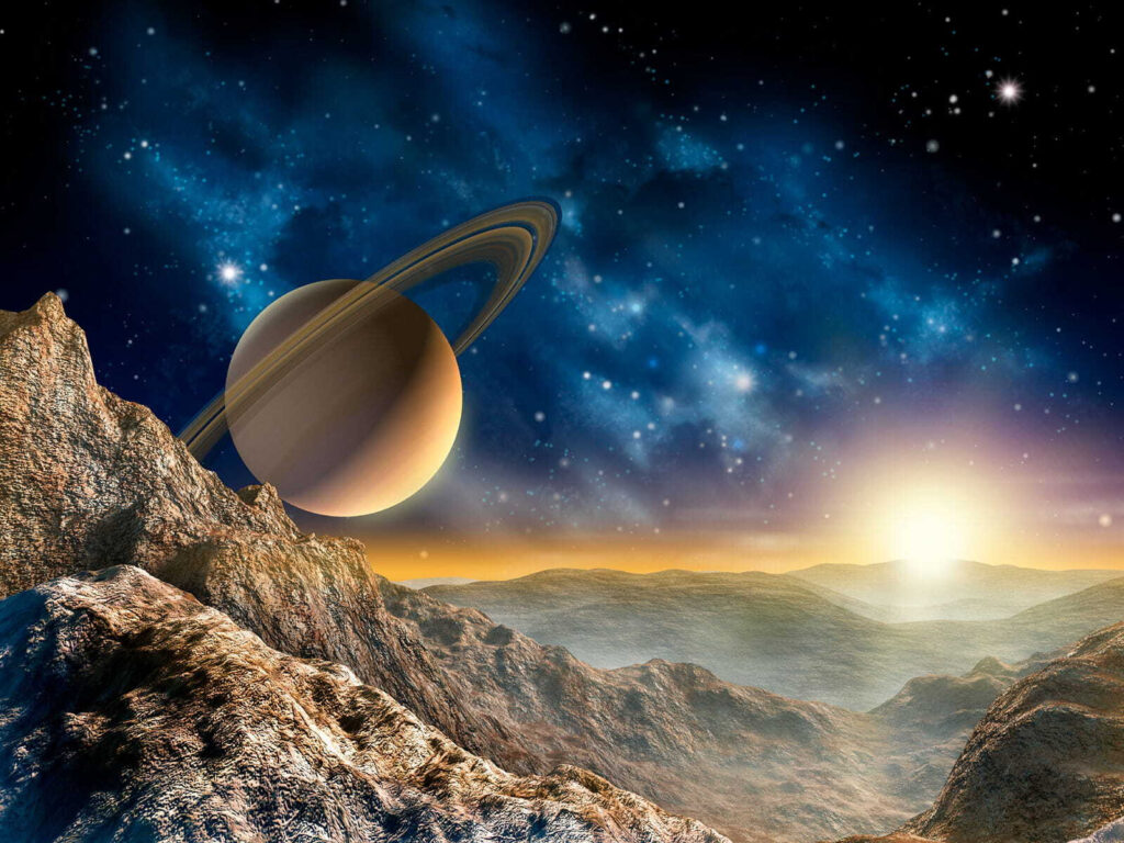 Planeet met ringen aan de hemel Planeet met ringen aan de hemel