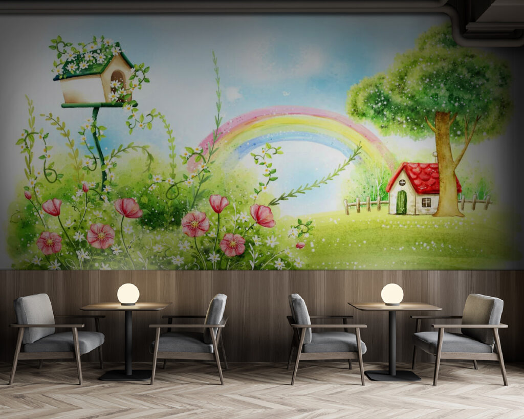 Rainbow and flowers in a green field Rainbow and flowers in a green field