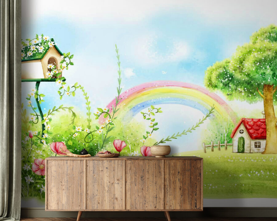 Regenboog en bloemen in een groen veld