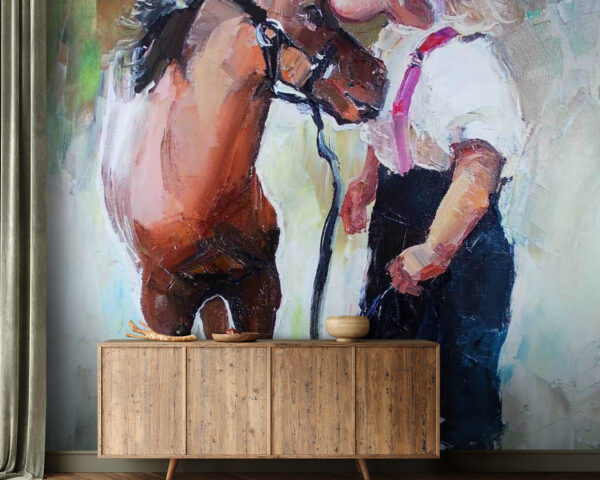 Schilderij van een meisje dat een paard kust