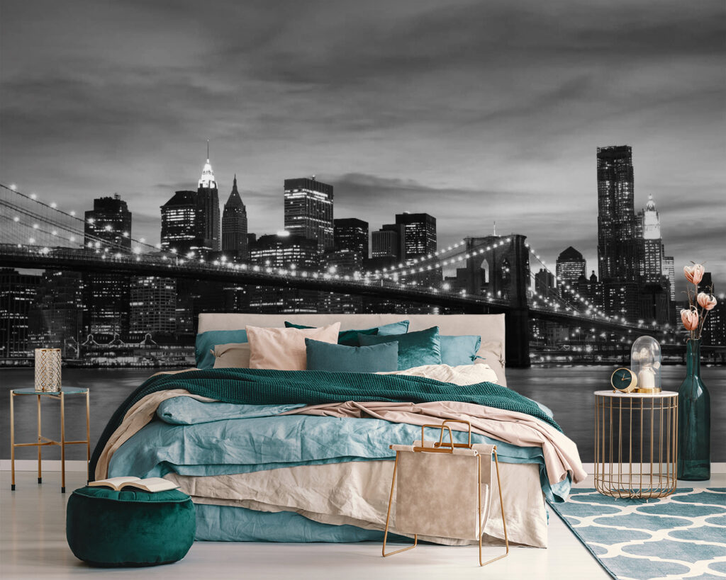 Bridge over water with city skyline in the background Bridge over water with city skyline in the background