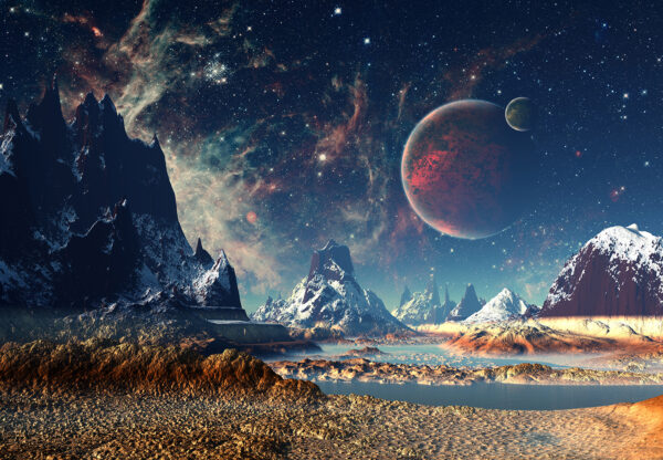 Landschap van bergen en water met planeten en sterren Landschap van bergen en water met planeten en sterren