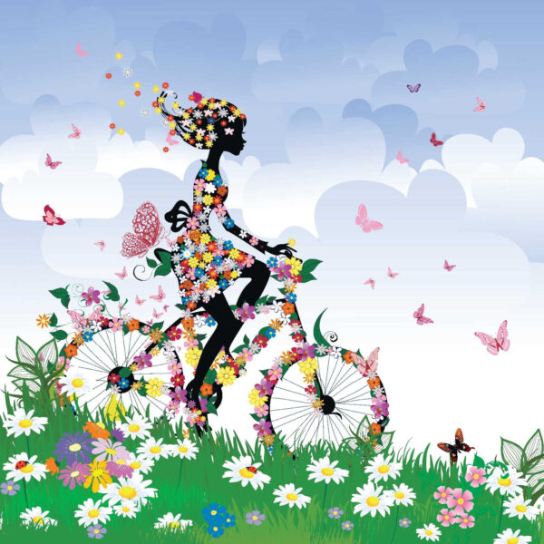 Fietsende vrouw met bloemen Fietsende vrouw met bloemen